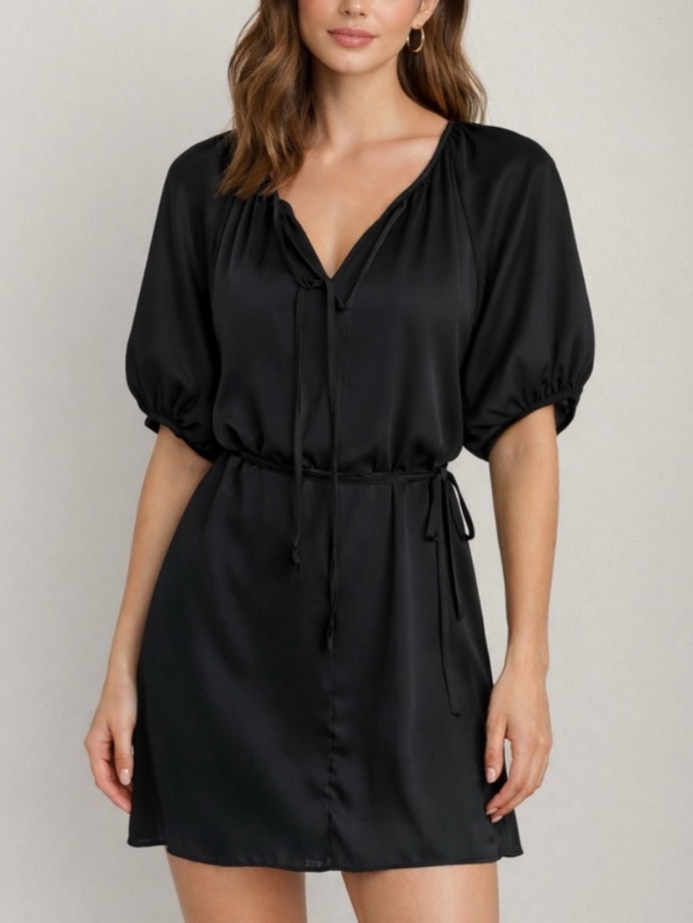 H&M Black Tie-Neck Mini Dress with Puff Sleeves in Black